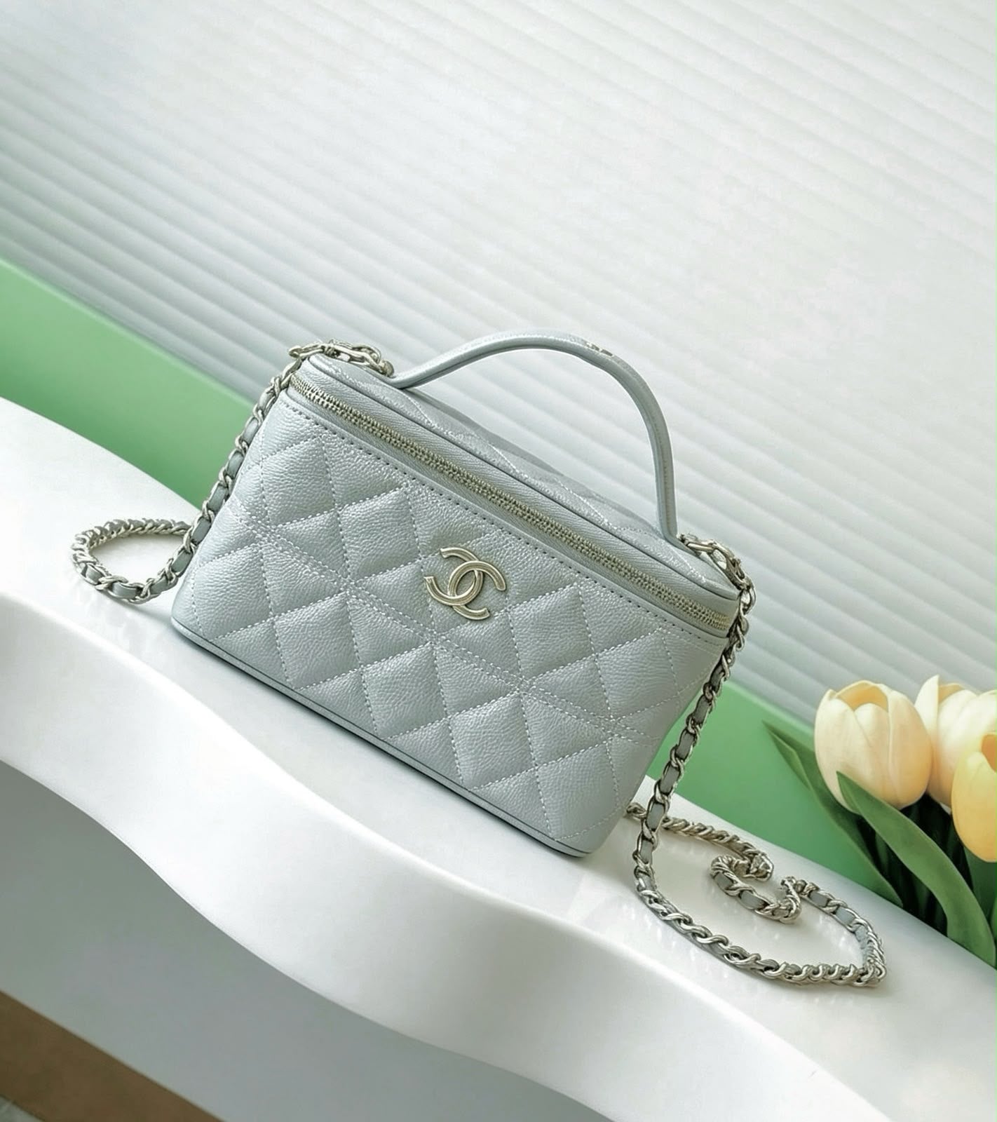 Chanel Small Quilted Caviar Vanity Case with Top Handle (Light Grey / Ice Grey)