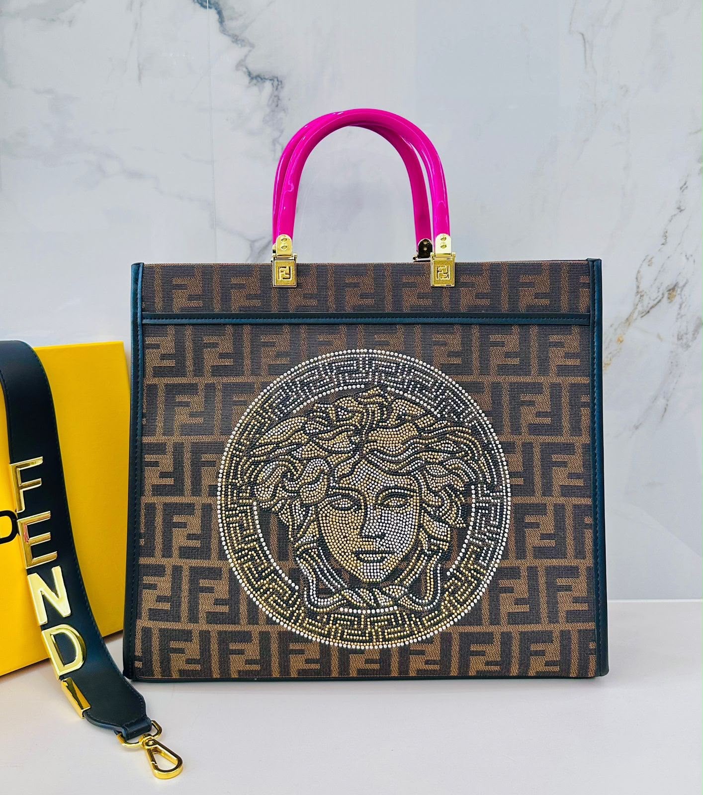 Fendi x Versace Fendace Sunshine Shopper Tote Bag (Classic Tobacco Brown / Magenta Pink / Crystal Medusa)