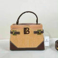 Balmain BBuzz Raffia & Leather Top-Handle Bag (Beige / Dark Brown)