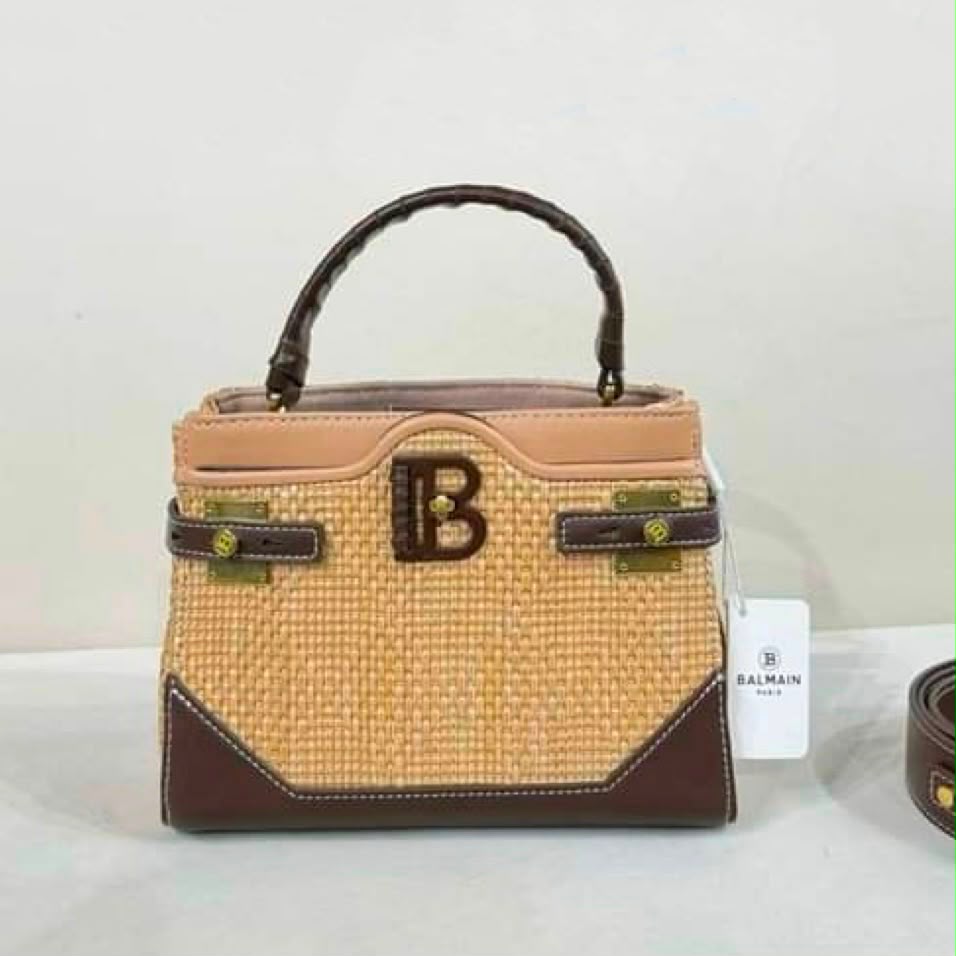 Balmain BBuzz Raffia & Leather Top-Handle Bag (Beige / Dark Brown)