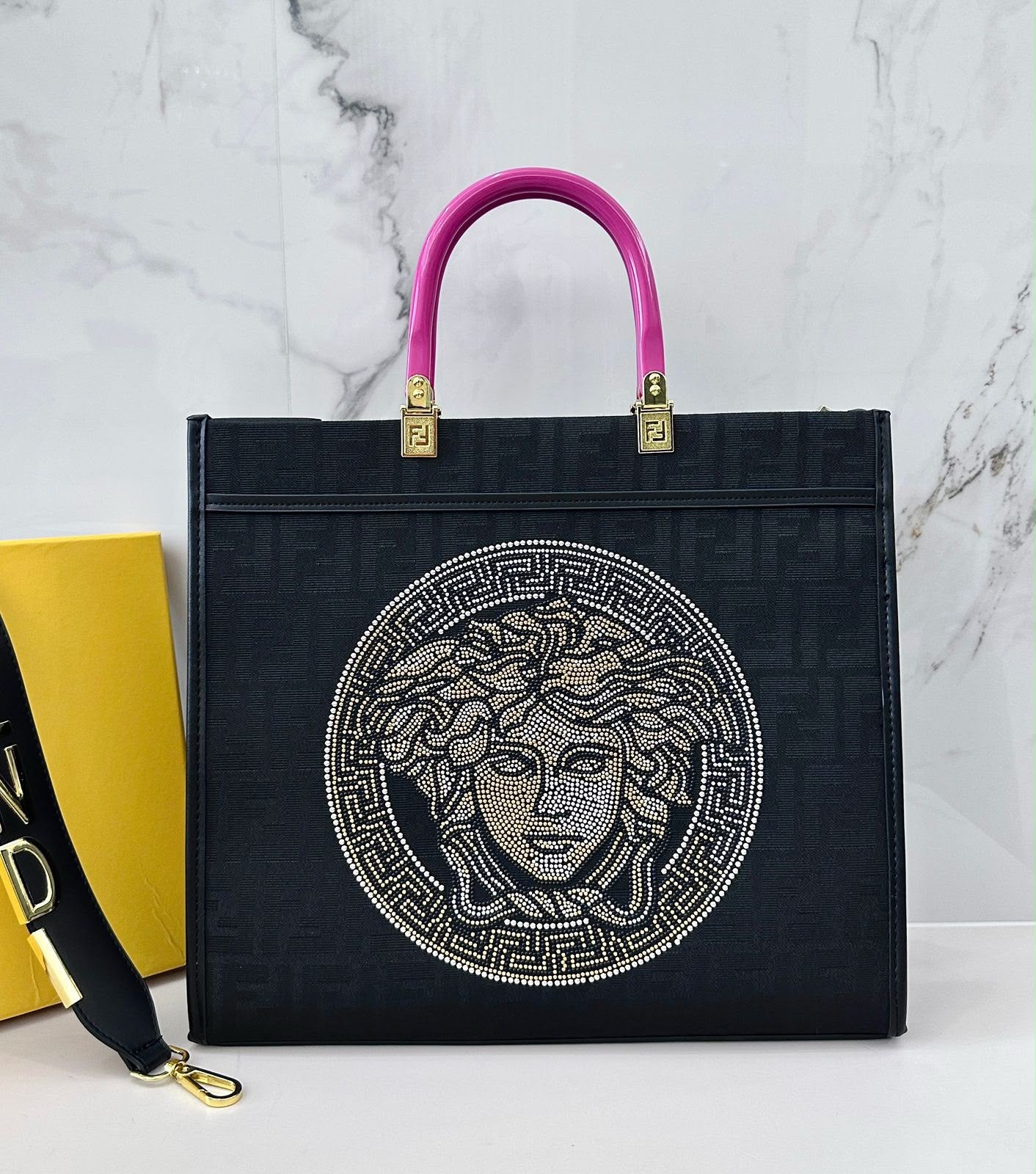 Fendi x Versace Fendace Sunshine Shopper Tote Bag (Black / Magenta Pink / Crystal Medusa)