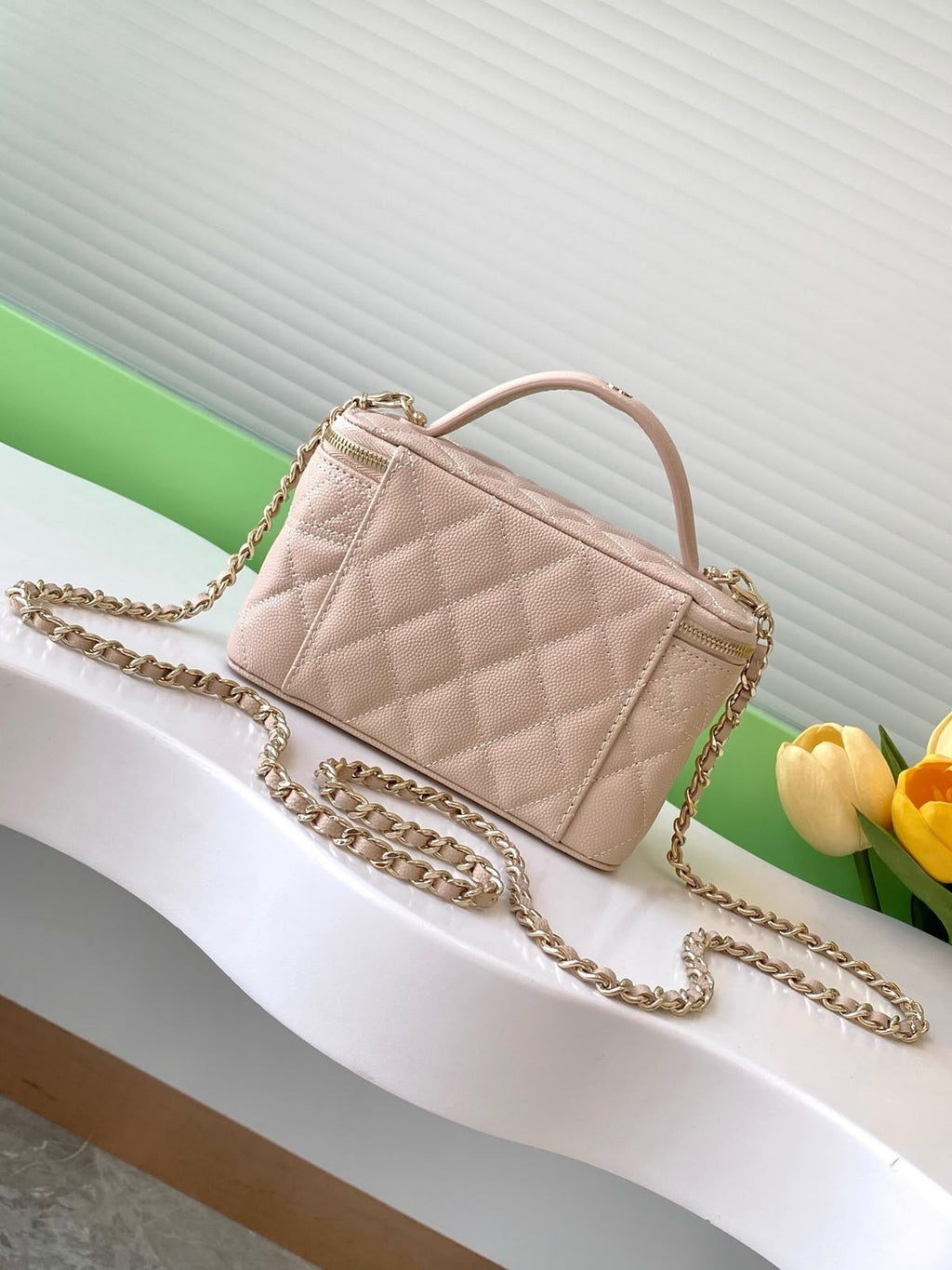 Chanel Small Quilted Caviar Vanity Case with Top Handle (Blush Pink / Beige Pink)