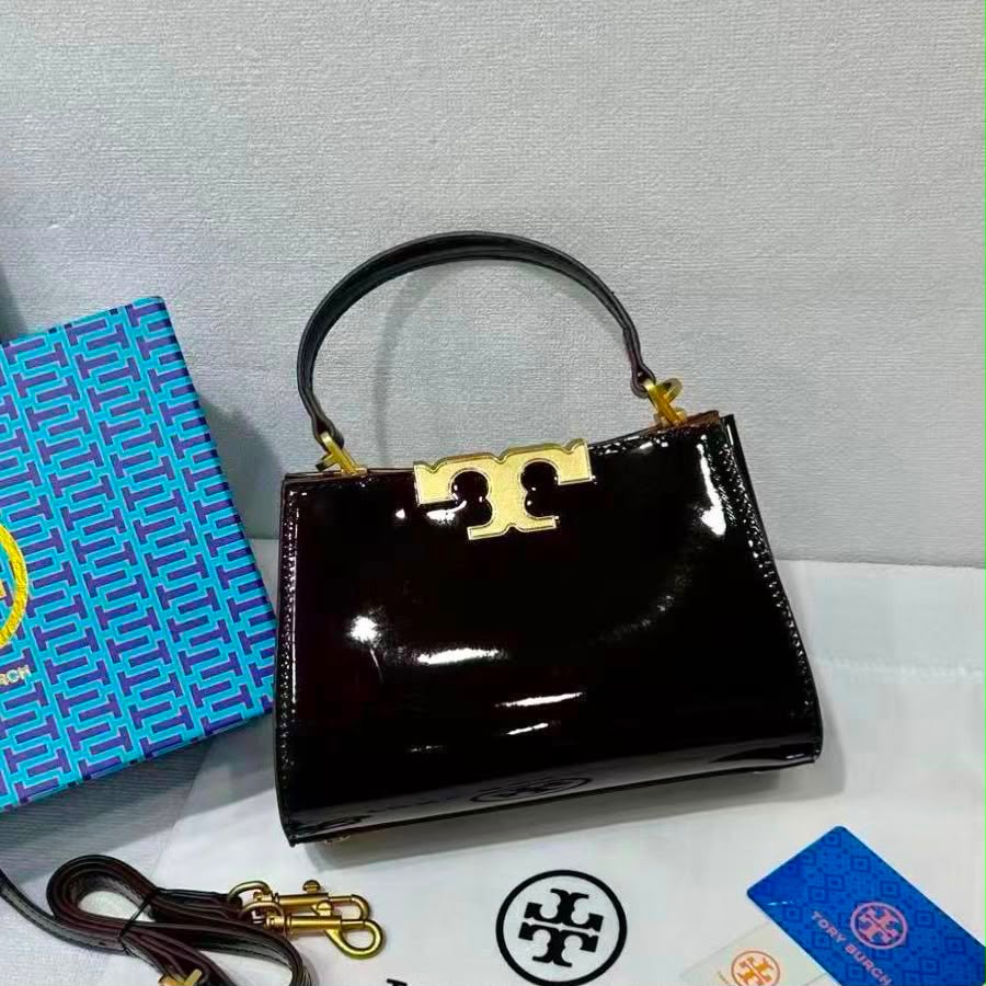 Tory Burch Eleanor Patent Leather Small Top-Handle Bag (Dark Brown / Espresso)