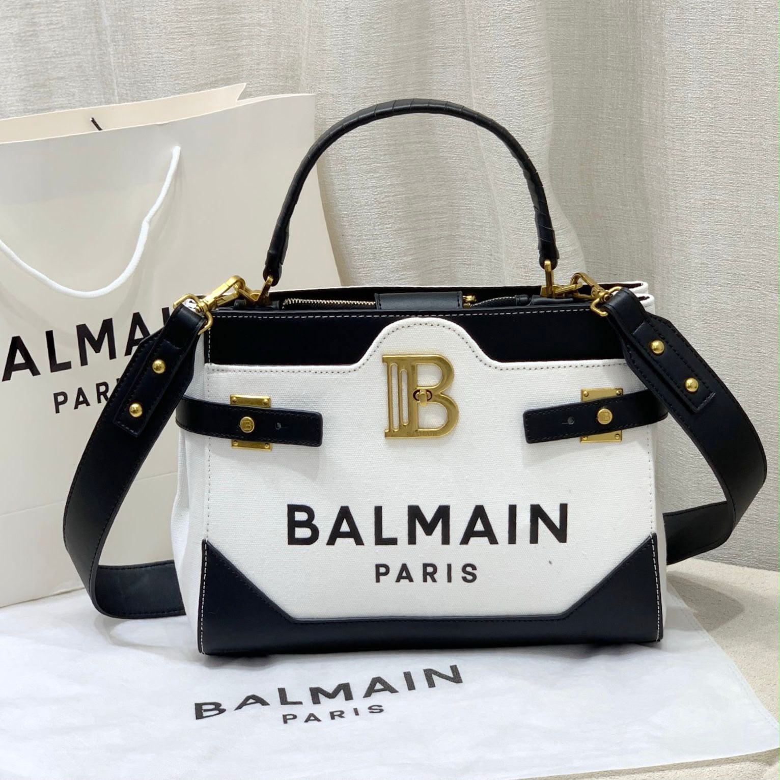 Balmain B-Buzz Canvas & Leather Top-Handle Bag (White / Black)
