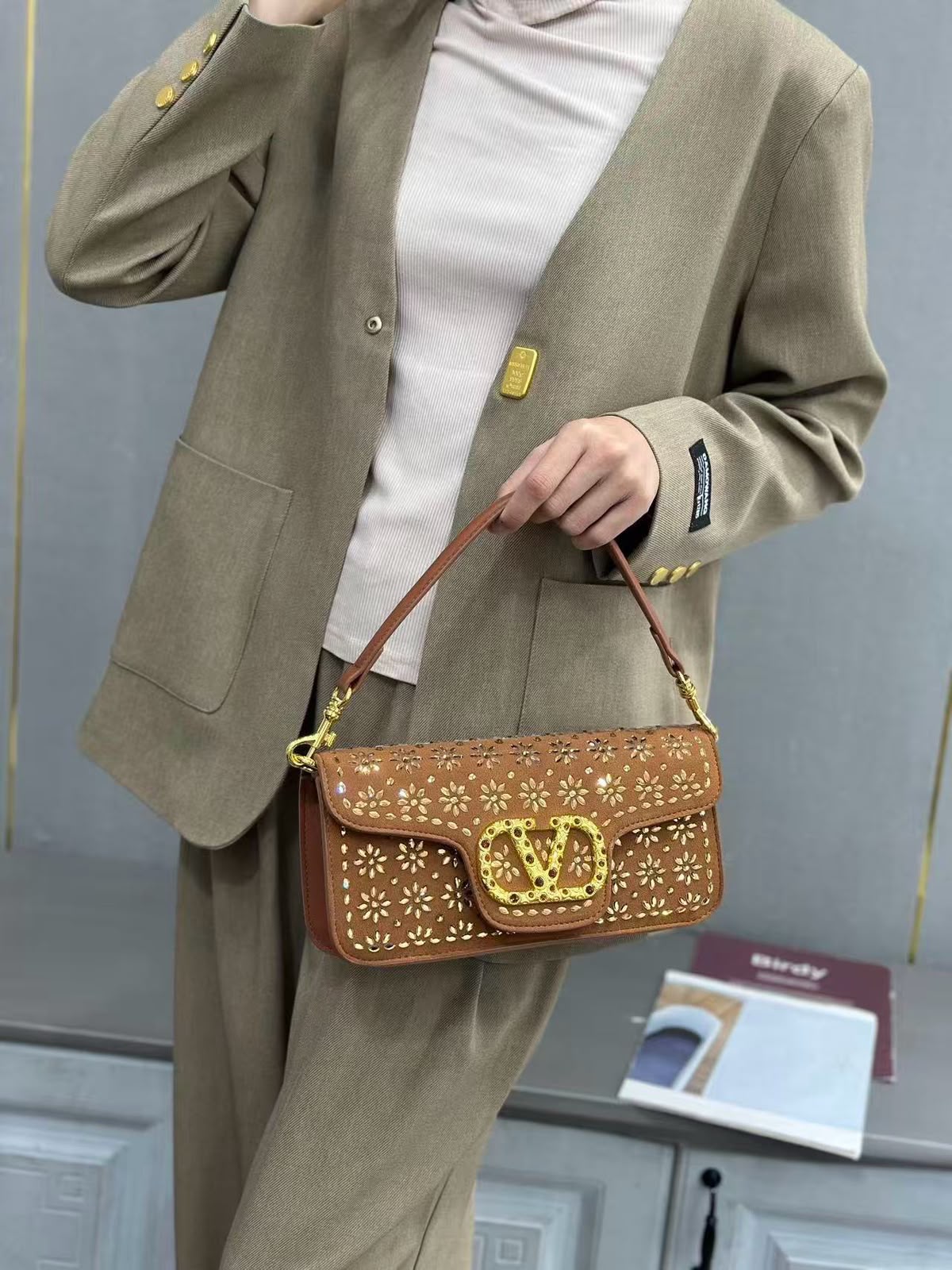 Valentino Garavani Locò Crystal Floral Embellished Shoulder Bag (Tan / Camel Brown / Gold Hardware)