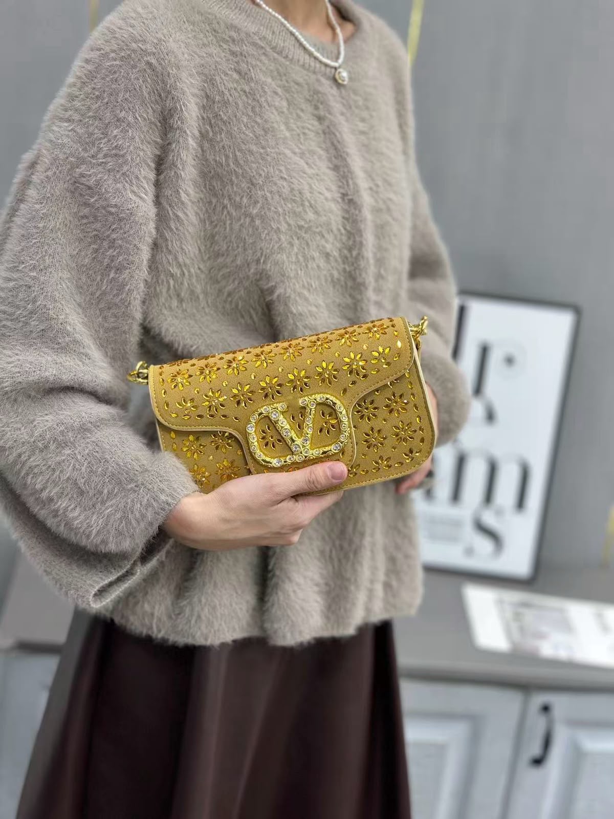 Valentino Garavani Locò Crystal Floral Embellished Shoulder Bag (Mustard Yellow / Gold Hardware)