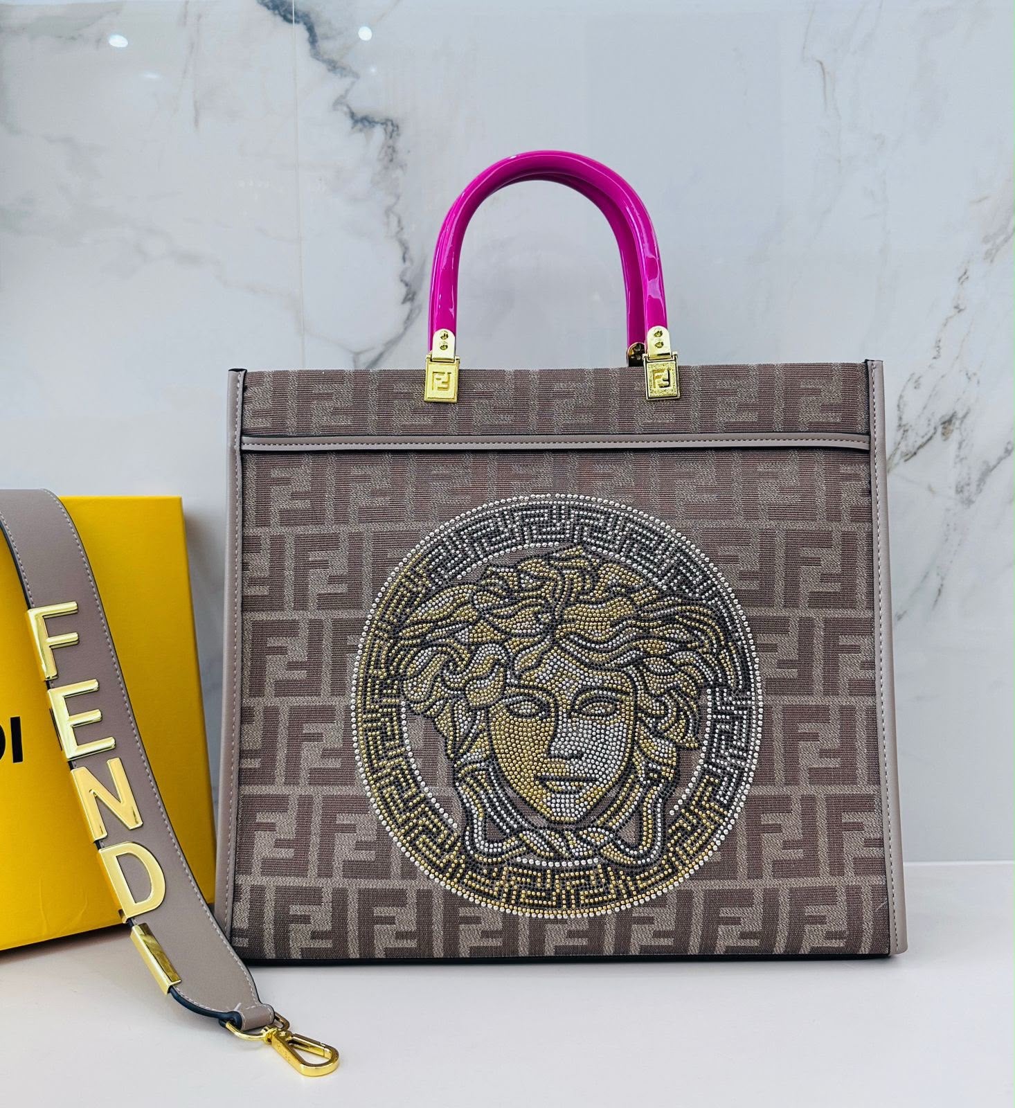 Fendi x Versace Fendace Sunshine Shopper Tote Bag (Taupe / Magenta Pink / Crystal Medusa)