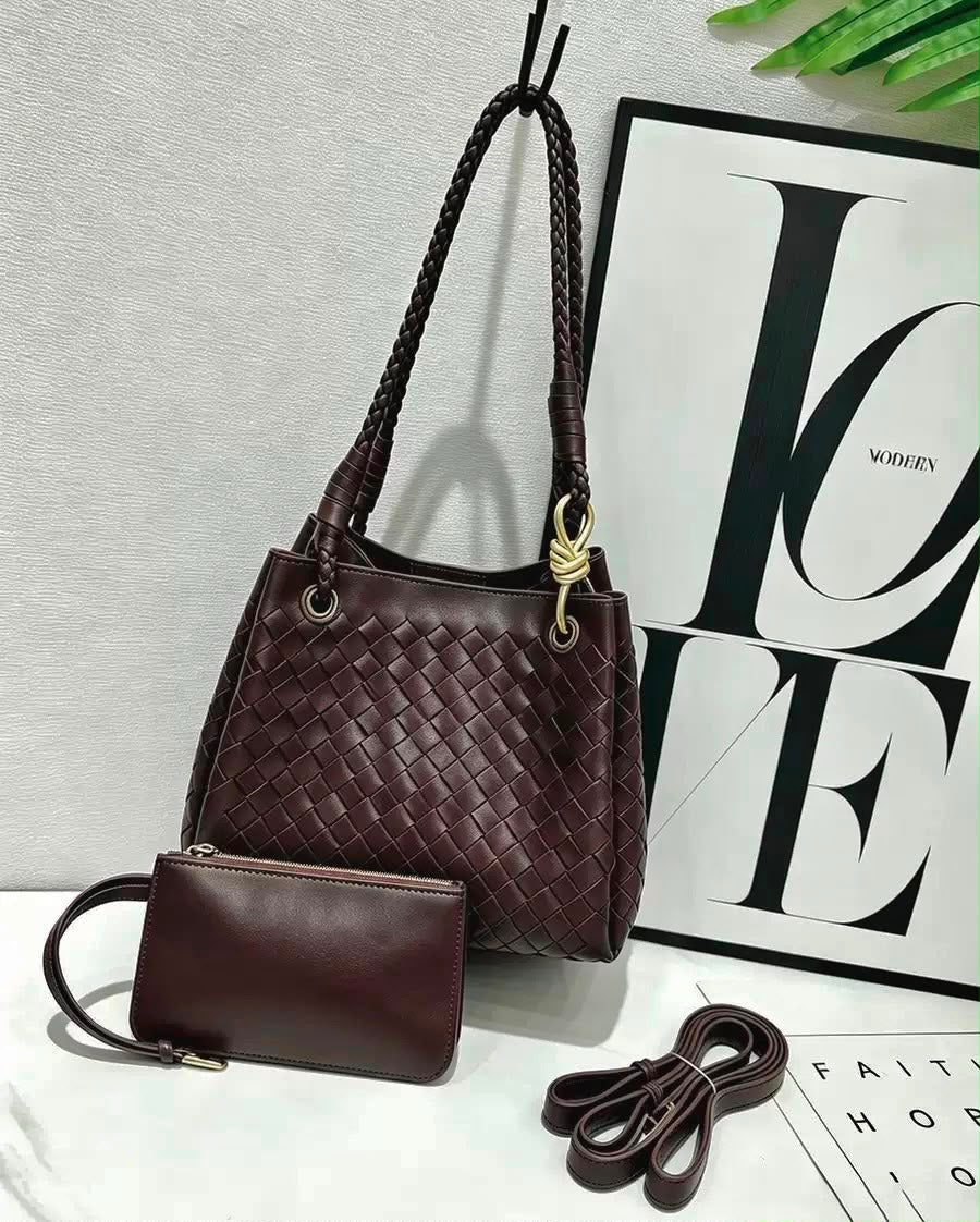 Bottega Veneta Small Andiamo Intrecciato Leather Shoulder Bag (Dark Burgundy / Espresso Brown)