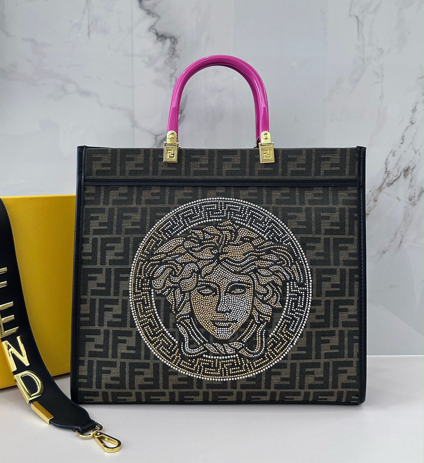 Fendi x Versace Fendace Sunshine Shopper Tote Bag (Dark Brown / Magenta Pink / Crystal Medusa)