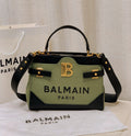 Balmain B-Buzz Canvas & Leather Top-Handle Bag (Olive Green / Black)