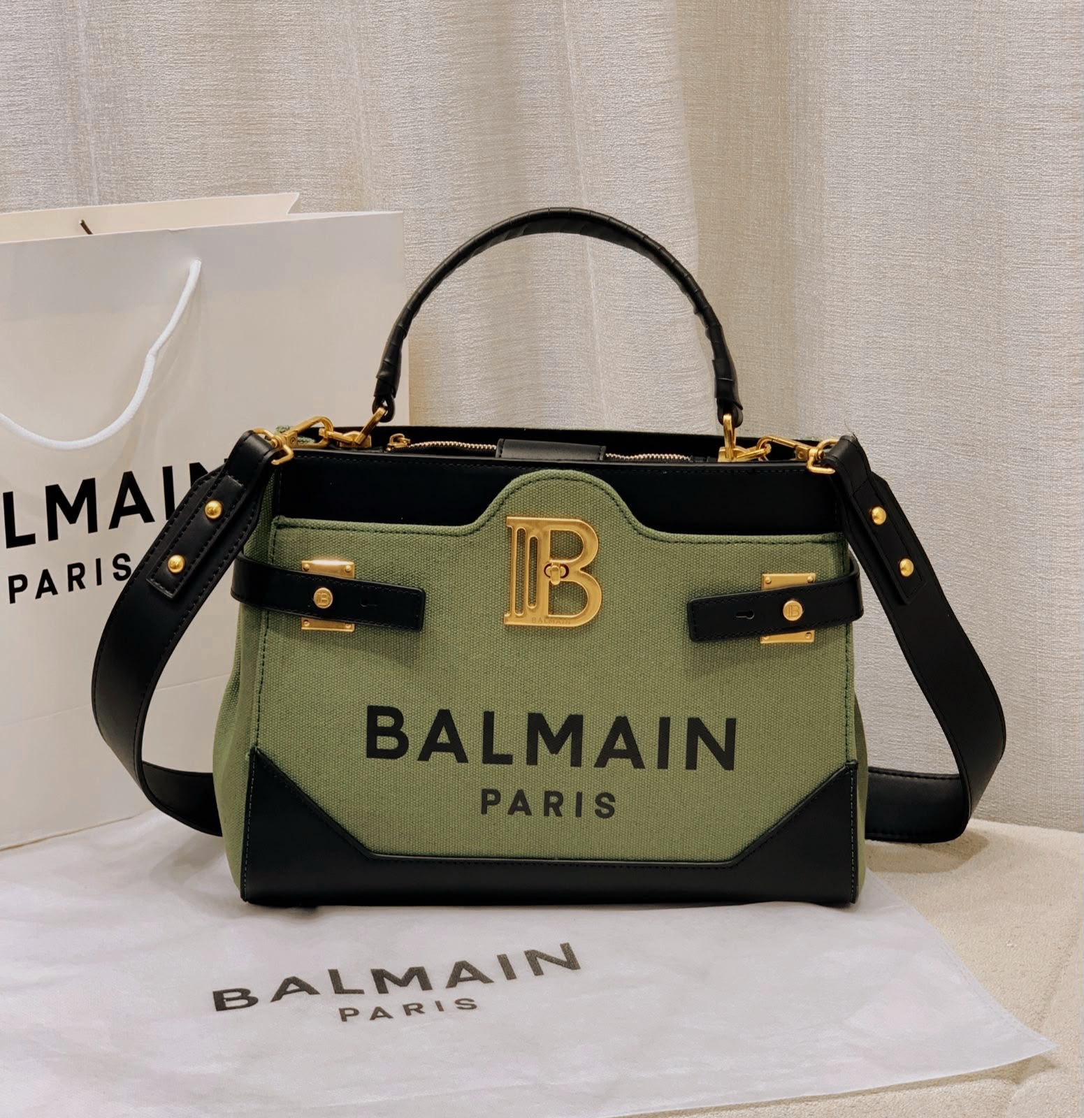 Balmain B-Buzz Canvas & Leather Top-Handle Bag (Olive Green / Black)