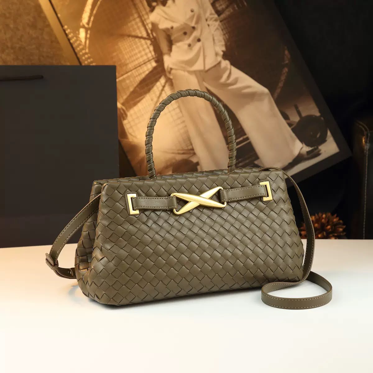 Bottega Veneta Small Andiamo Woven Leather Top Handle Bag (Travertine Olive / Brass Gold Hardware)