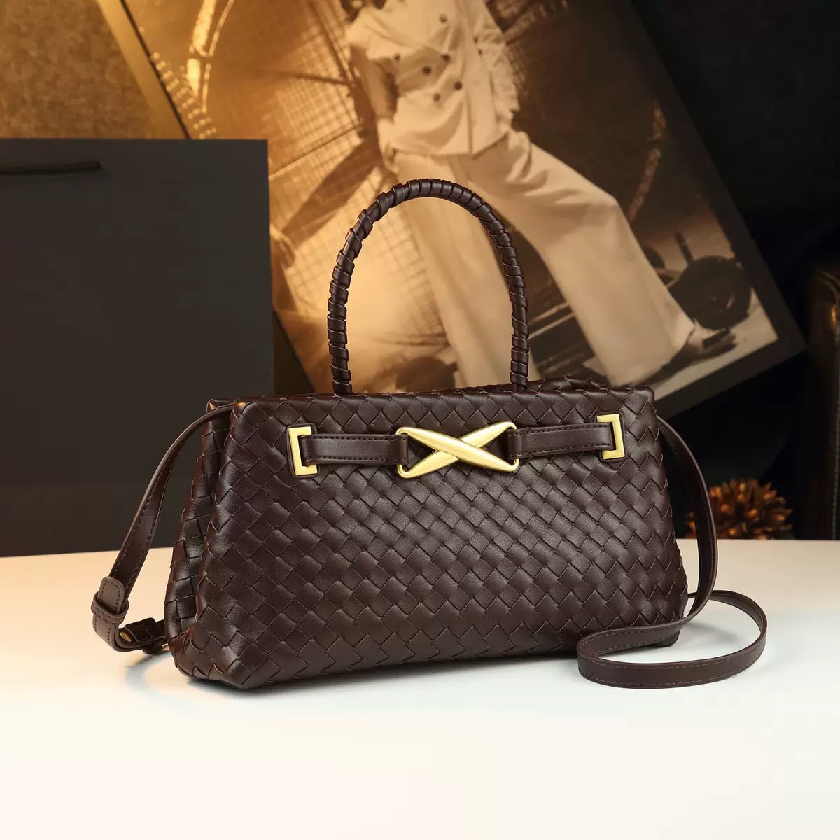 Bottega Veneta Small Andiamo Woven Leather Top Handle Bag (Fondant Dark Brown / Brass Gold Hardware)