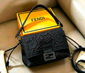 Fendi Baguette Floral Lace Embroidery Shoulder Bag (Black / Palladium Silver Hardware)