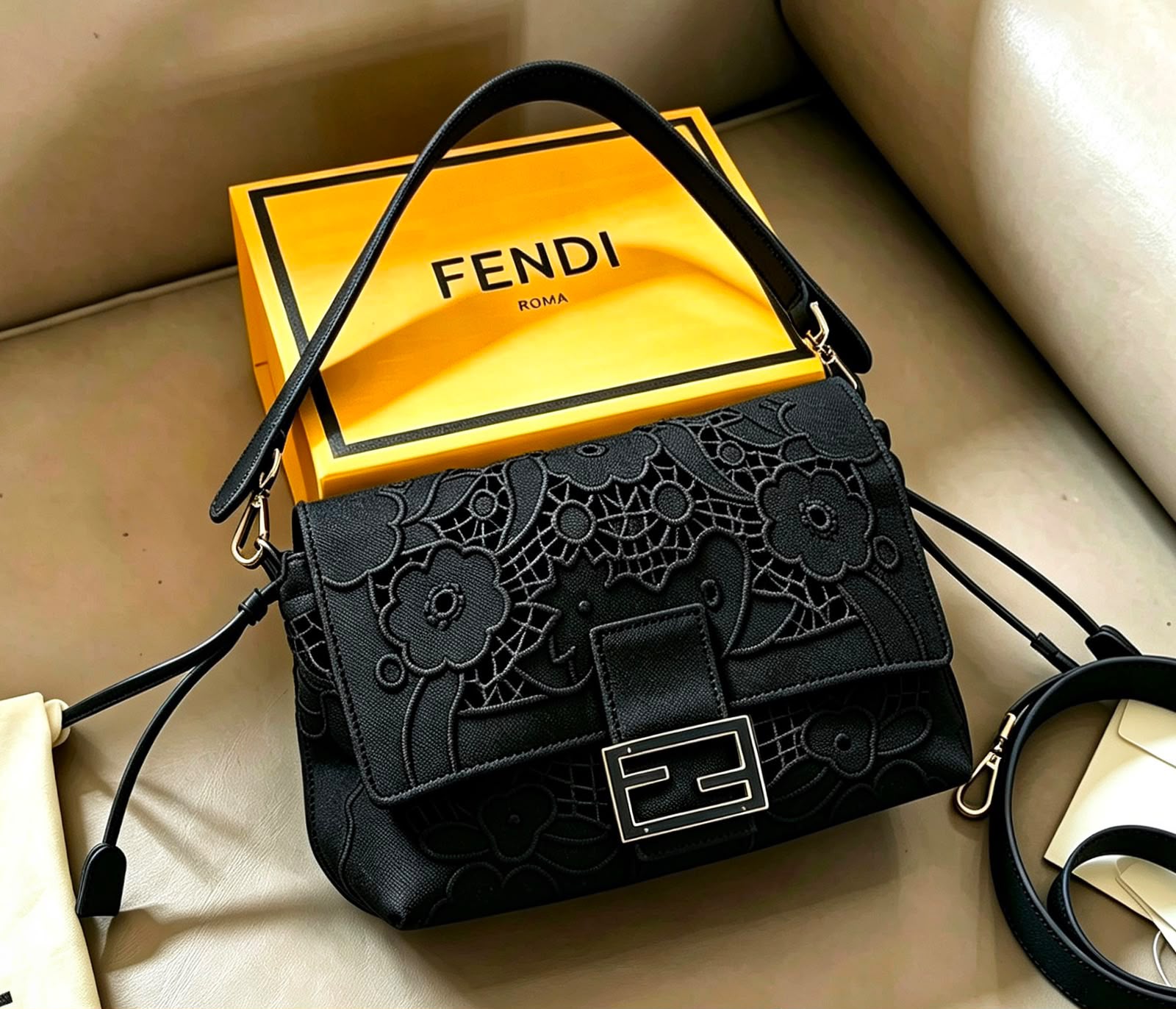 Fendi Baguette Floral Lace Embroidery Shoulder Bag (Black / Palladium Silver Hardware)