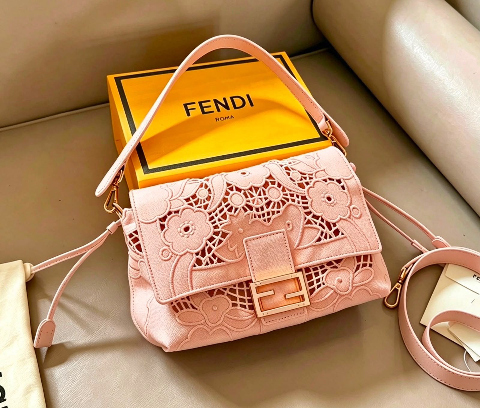 Fendi Baguette Floral Lace Embroidery Shoulder Bag (Monochrome Pink / Gold Hardware)