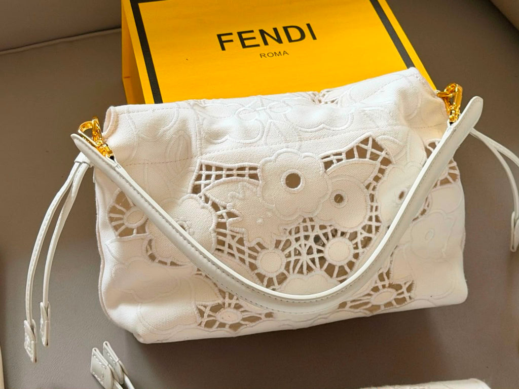 Fendi Baguette Floral Lace Embroidery Shoulder Bag (Monochrome White / Gold Hardware)