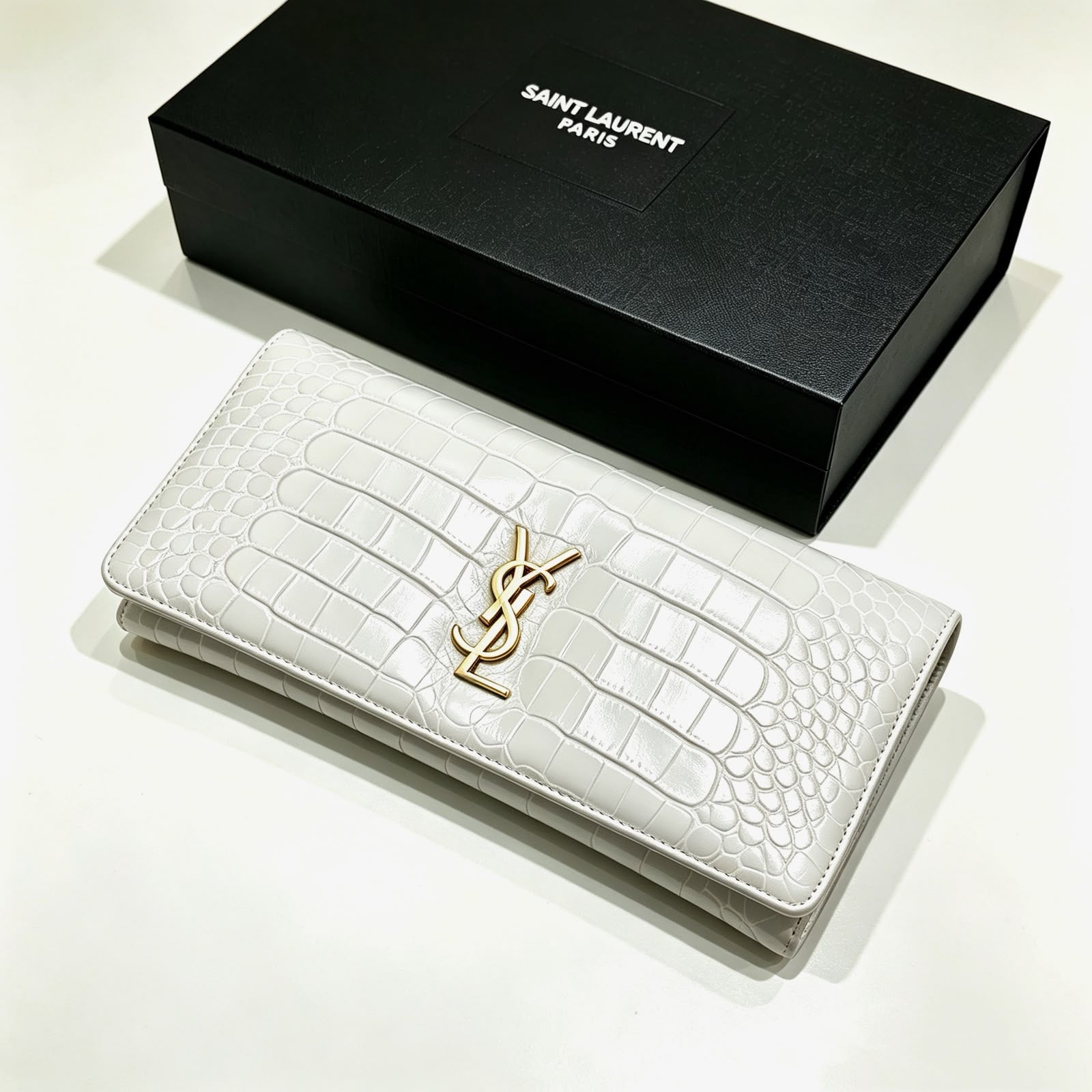 Saint Laurent Uptown Crocodile-Embossed Leather Clutch (White / Gold Hardware)