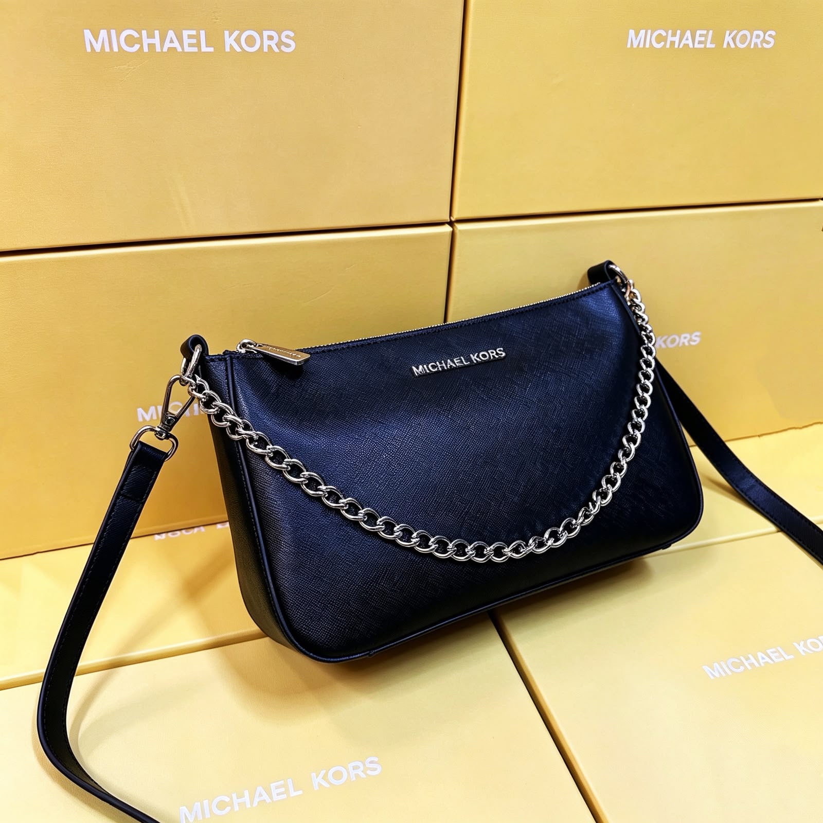 Michael Kors Jet Set Large Saffiano Leather Pochette Crossbody Bag (Black / Silver Hardware)