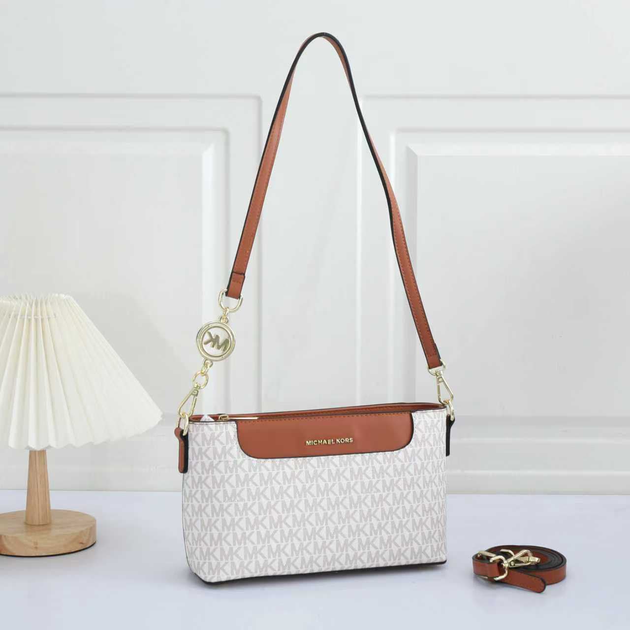 Michael Kors Jet Set Large Logo Pochette Crossbody Bag (White / Luggage Tan Trim / Gold Hardware)