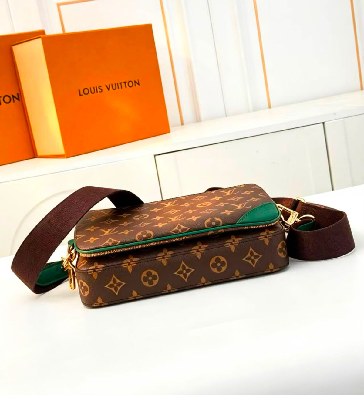 Louis Vuitton Trio Messenger Bag (Monogram Canvas / Green Leather Trim / Gold Hardware)
