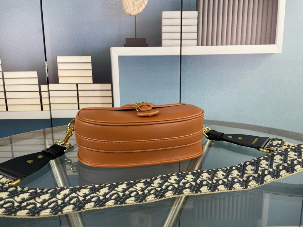 Dior Bobby Medium Bag (Tan Leather / Blue Dior Oblique Embroidery Strap)