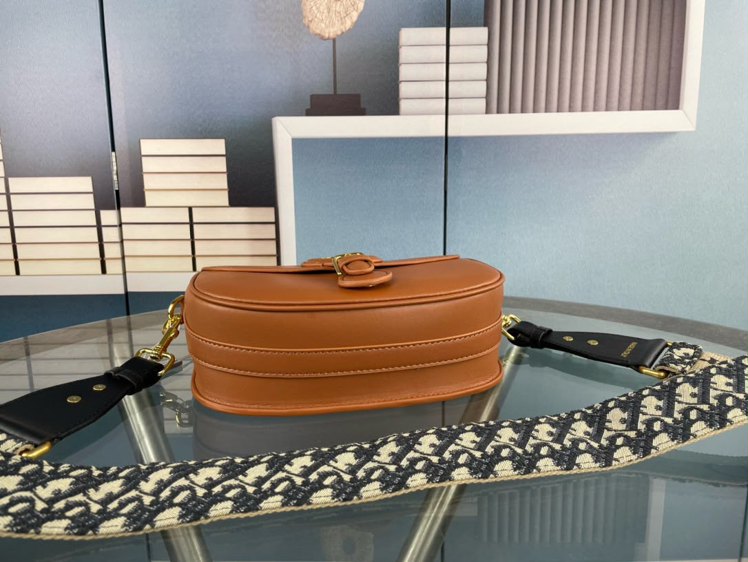 Dior Bobby Medium Bag (Tan Leather / Blue Dior Oblique Embroidery Strap)