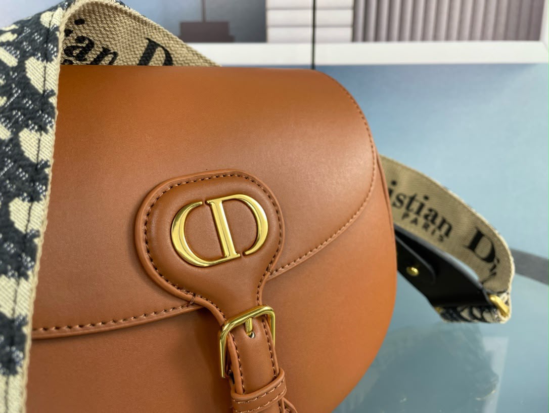 Dior Bobby Medium Bag (Tan Leather / Blue Dior Oblique Embroidery Strap)