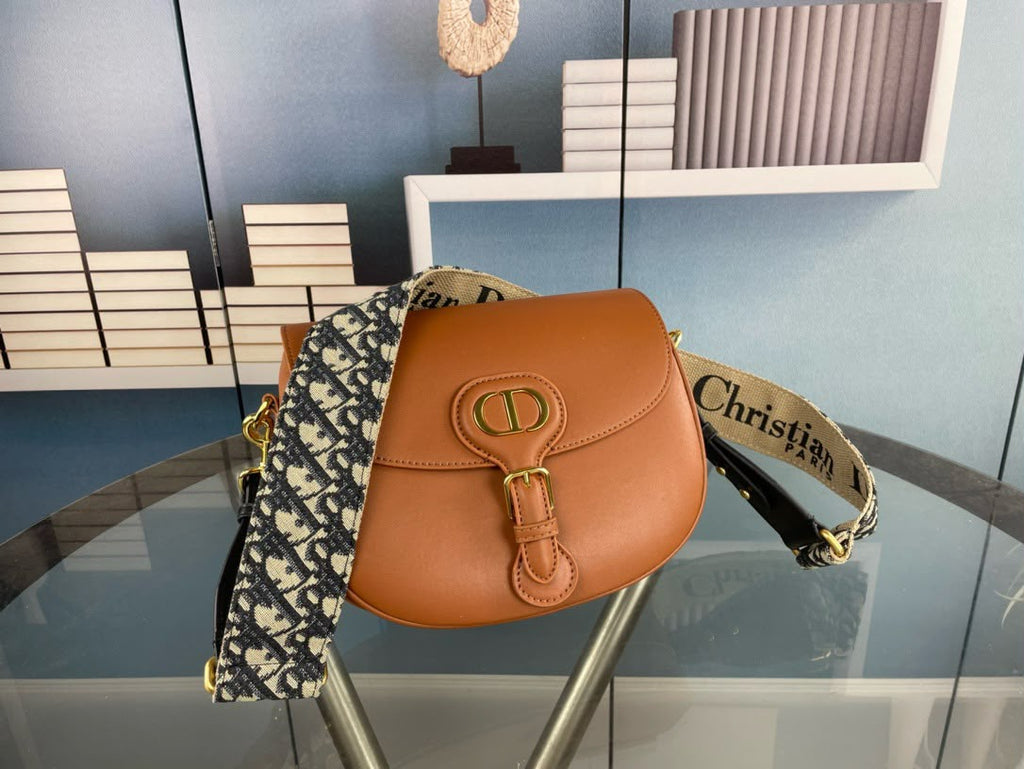 Dior Bobby Medium Bag (Tan Leather / Blue Dior Oblique Embroidery Strap)