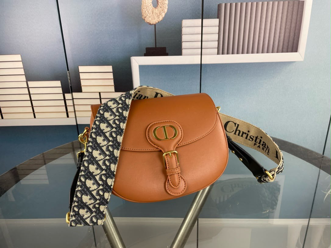 Dior Bobby Medium Bag (Tan Leather / Blue Dior Oblique Embroidery Strap)