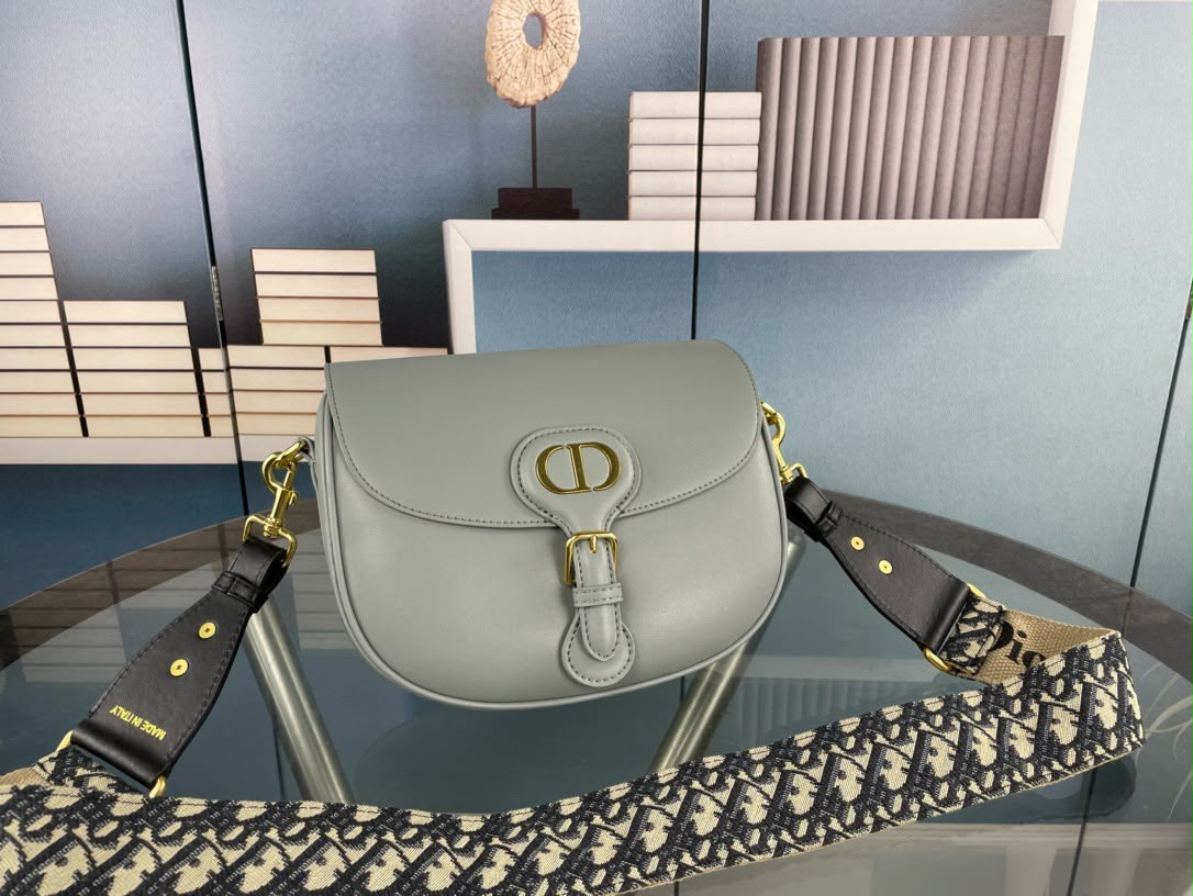 Dior Bobby Medium Bag (Grey Leather / Blue Dior Oblique Embroidery Strap)