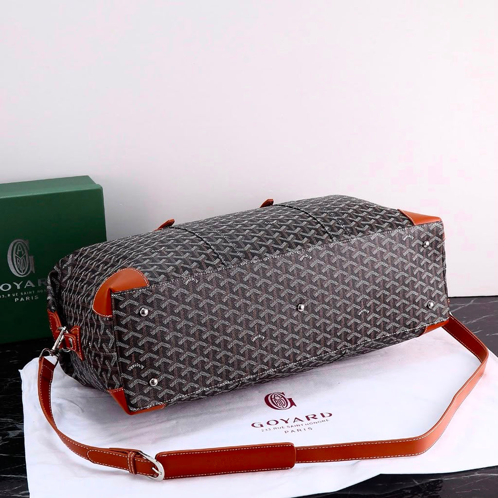 Goyard Boeing 50 Duffle Bag (Black & Tan Goyardine Canvas / Cognac Leather Trim)