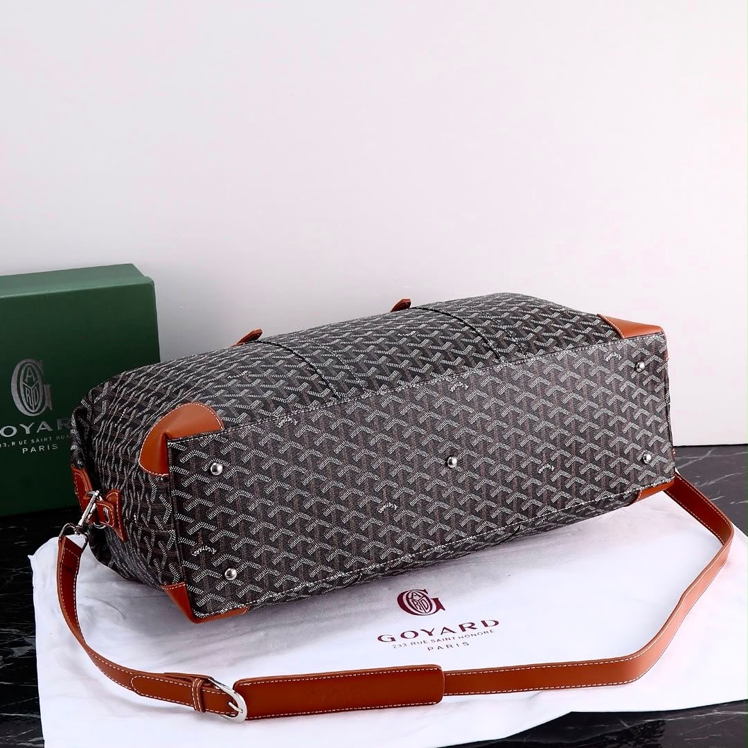 Goyard Boeing 50 Duffle Bag (Black & Tan Goyardine Canvas / Cognac Leather Trim)