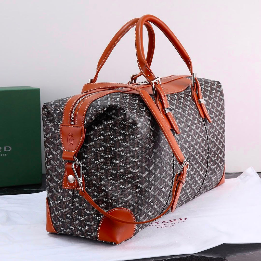 Goyard Boeing 50 Duffle Bag (Black & Tan Goyardine Canvas / Cognac Leather Trim)