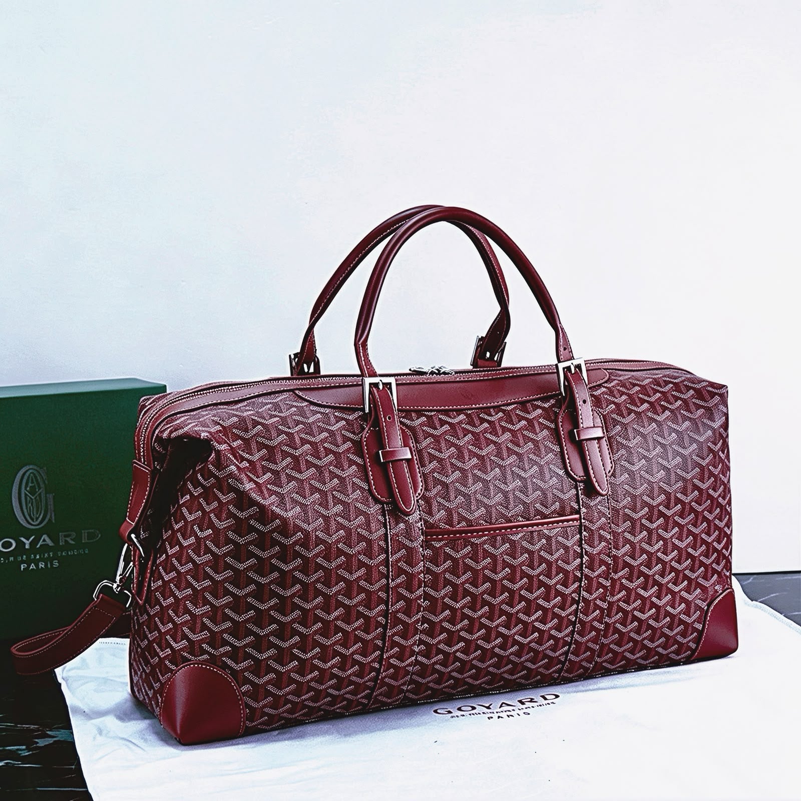 Goyard Boeing 50 Duffle Bag (Burgundy Goyardine Canvas / Burgundy Leather Trim)