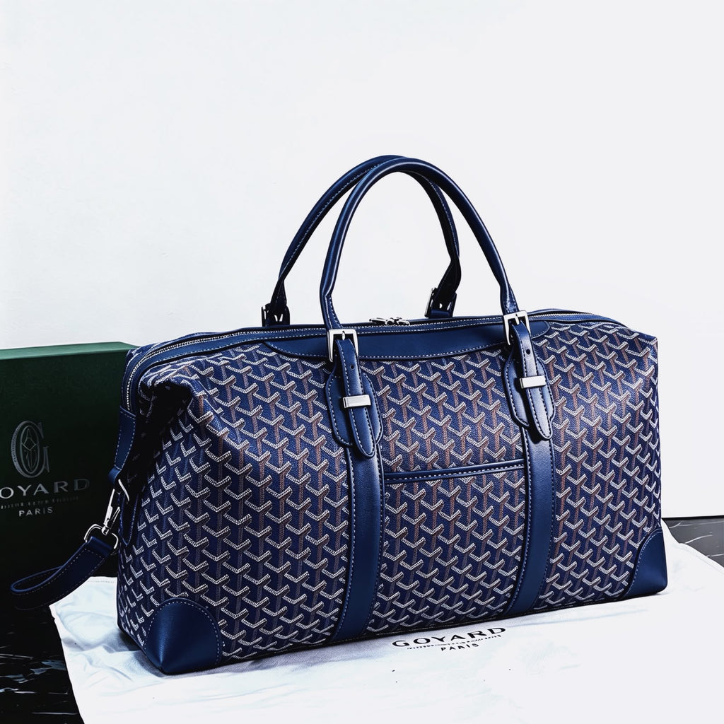 Goyard Boeing 50 Duffle Bag (Navy Blue Goyardine Canvas / Navy Blue Leather Trim)
