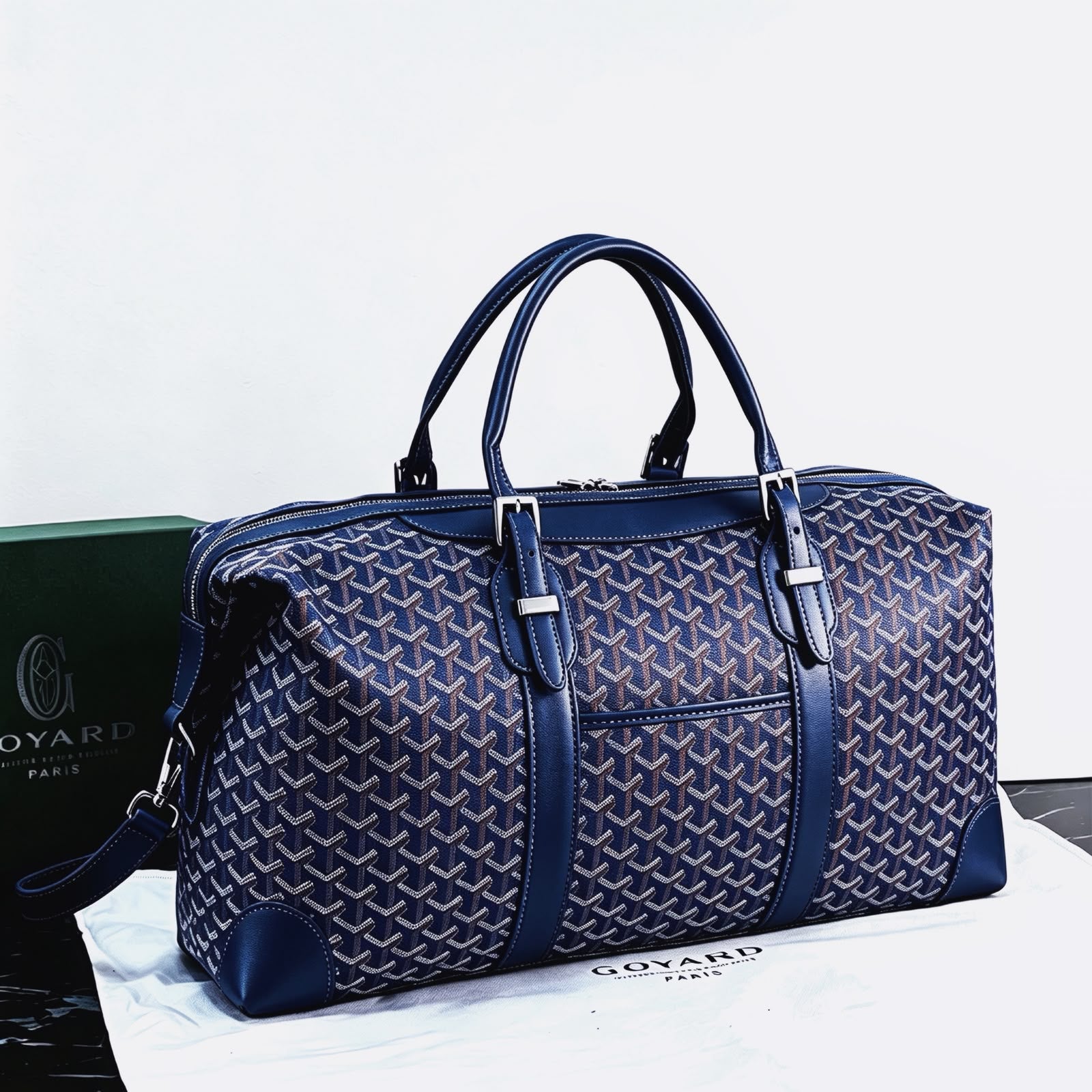 Goyard Boeing 50 Duffle Bag (Navy Blue Goyardine Canvas / Navy Blue Leather Trim)
