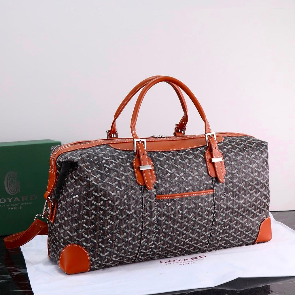Goyard Boeing 50 Duffle Bag (Black & Tan Goyardine Canvas / Cognac Leather Trim)