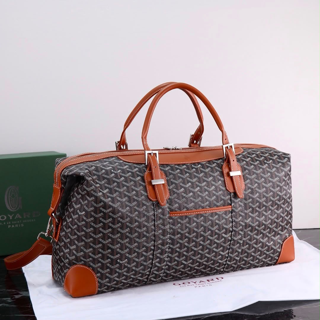 Goyard Boeing 50 Duffle Bag (Black & Tan Goyardine Canvas / Cognac Leather Trim)