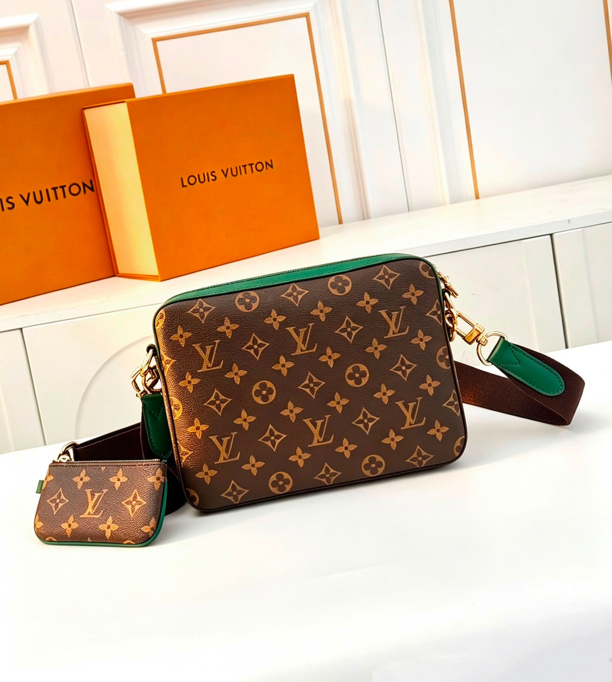 Louis Vuitton Trio Messenger Bag (Monogram Canvas / Green Leather Trim / Gold Hardware)