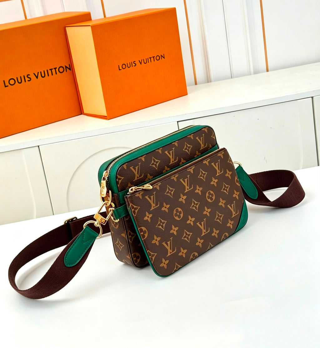 Louis Vuitton Trio Messenger Bag (Monogram Canvas / Green Leather Trim / Gold Hardware)