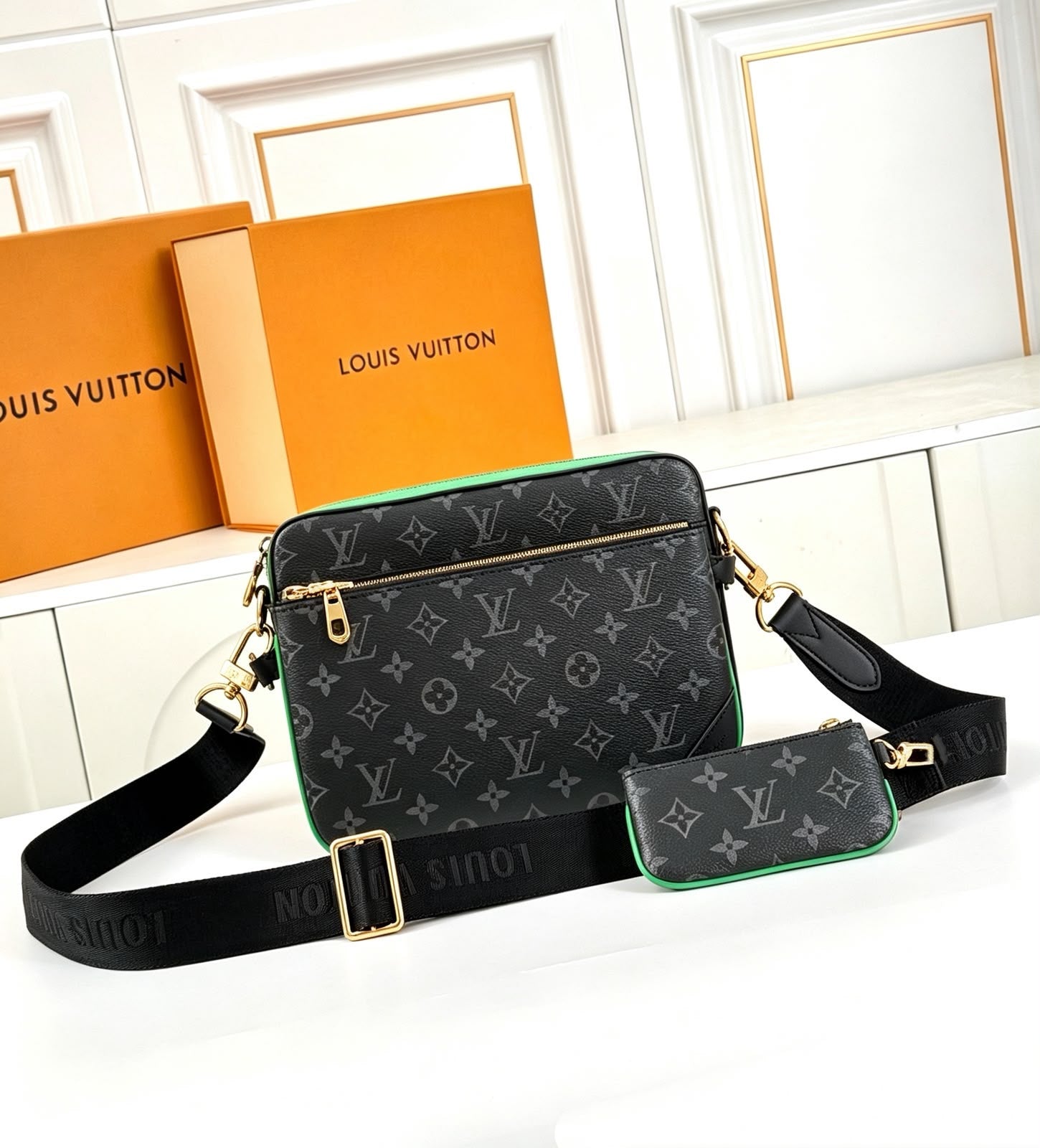 Louis Vuitton Trio Messenger Bag (Monogram Eclipse Canvas / Neon Green Leather Trim / Gold Hardware)