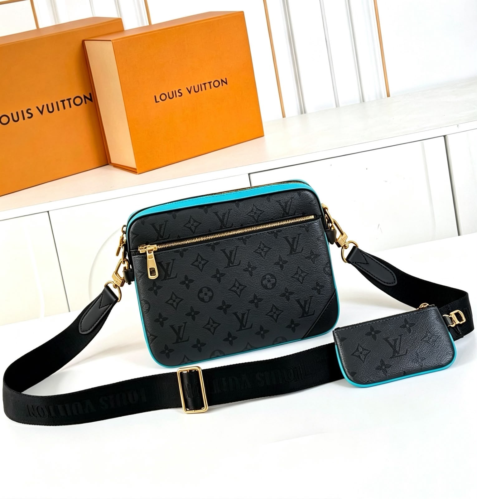 Louis Vuitton Trio Messenger Bag (Monogram Eclipse Canvas / Turquoise Blue Leather Trim / Gold Hardware)