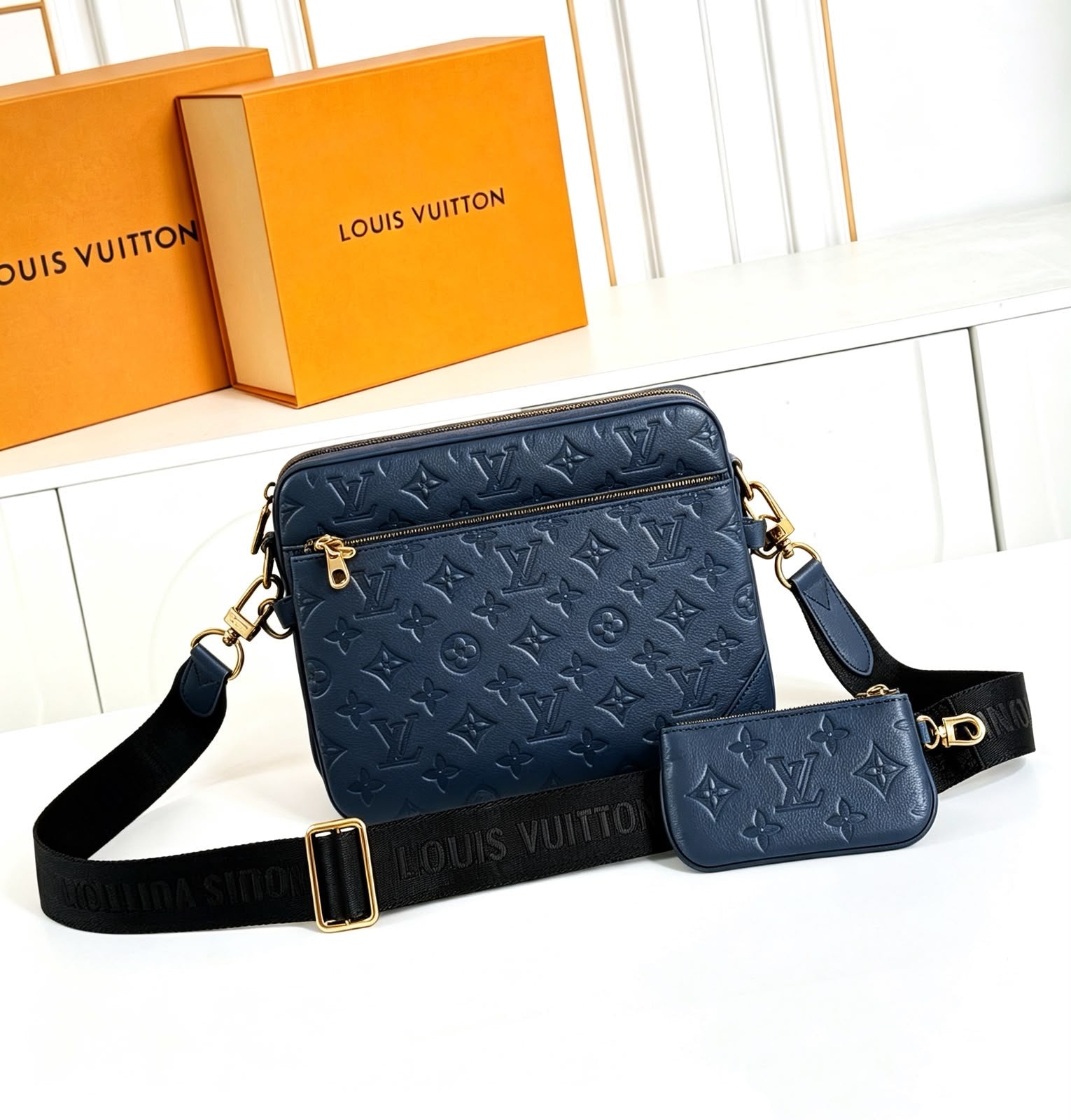 Louis Vuitton Trio Messenger Bag (Navy Blue Monogram Empreinte Leather / Black Strap / Gold Hardware)