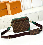 Louis Vuitton Trio Messenger Bag (Monogram Canvas / Green Leather Trim / Gold Hardware)