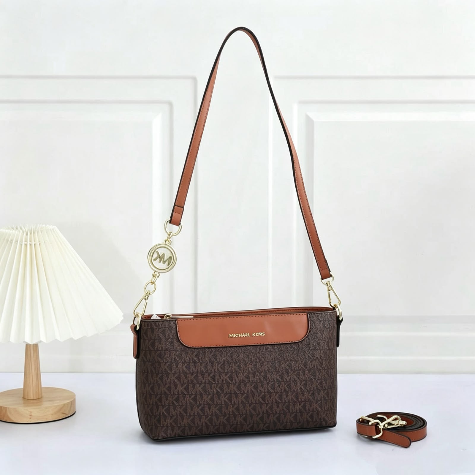 Michael Kors Jet Set Large Logo Pochette Crossbody Bag (Brown / Luggage Tan Trim / Gold Hardware)