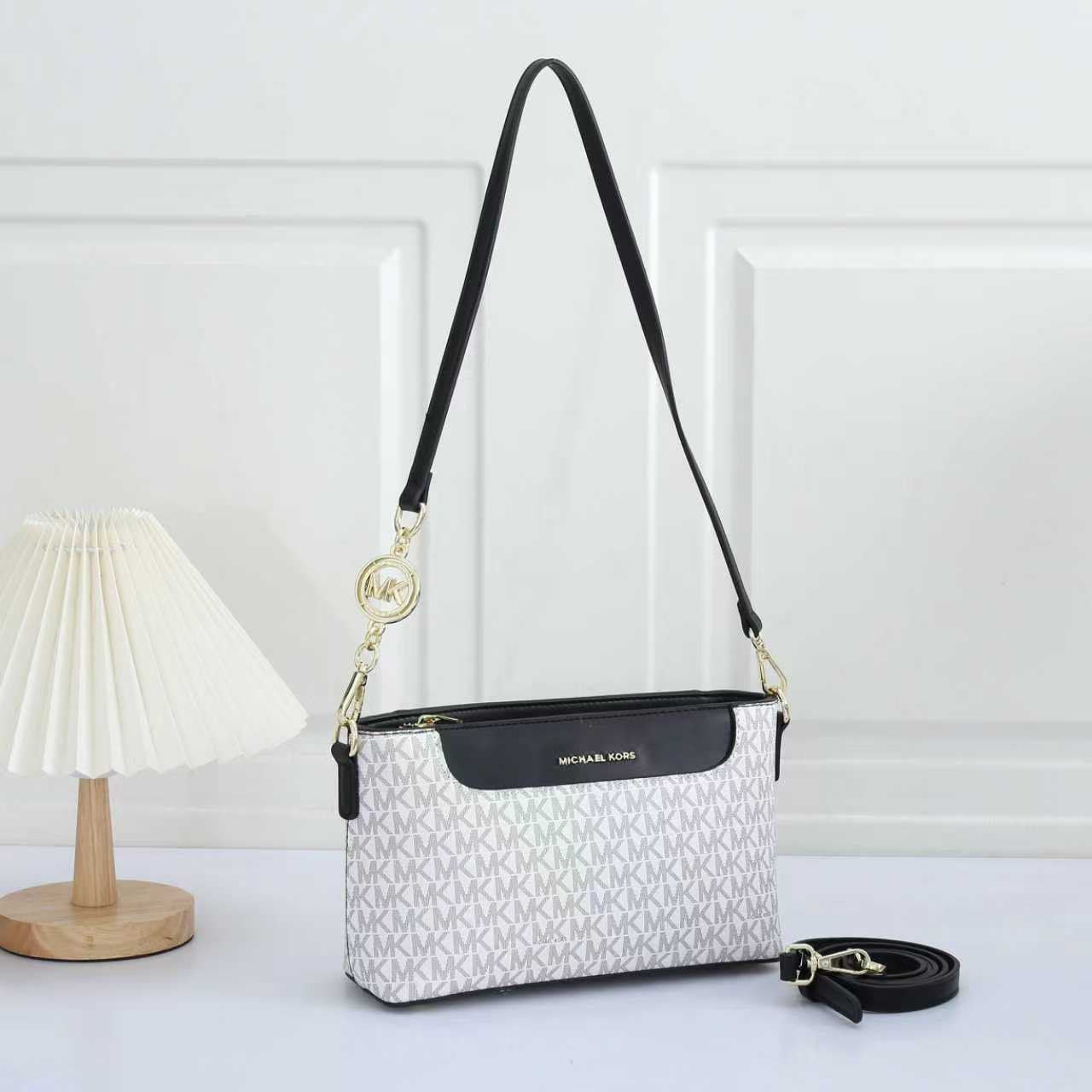 Michael Kors Jet Set Large Logo Pochette Crossbody Bag (White / Black Trim / Gold Hardware)