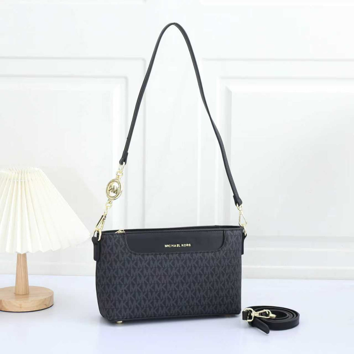 Michael Kors Jet Set Large Logo Pochette Crossbody Bag (Black / Gold Hardware)