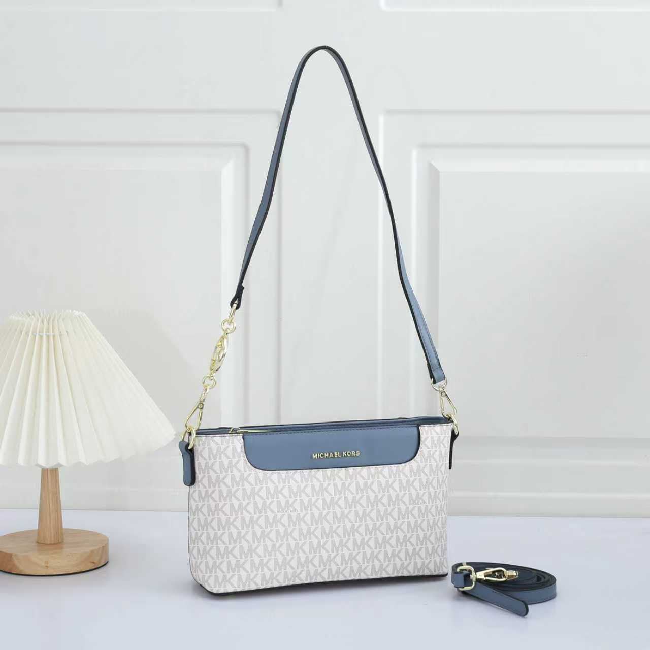 Michael Kors Jet Set Large Logo Pochette Crossbody Bag (White / Blue Trim / Gold Hardware)