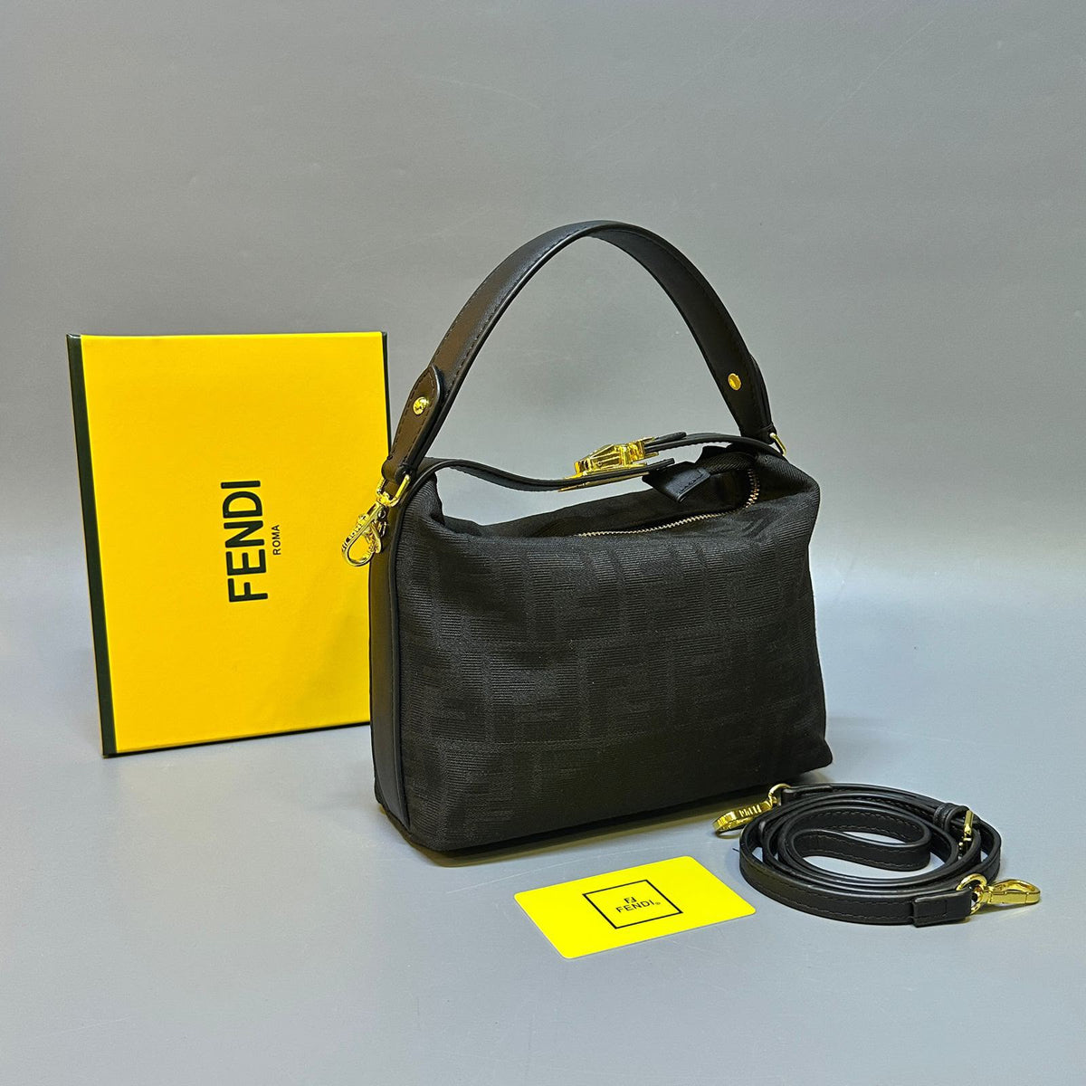 Fendi Fendessence Small FF Monogram Hobo Bag (Black FF Jacquard / Black Leather)